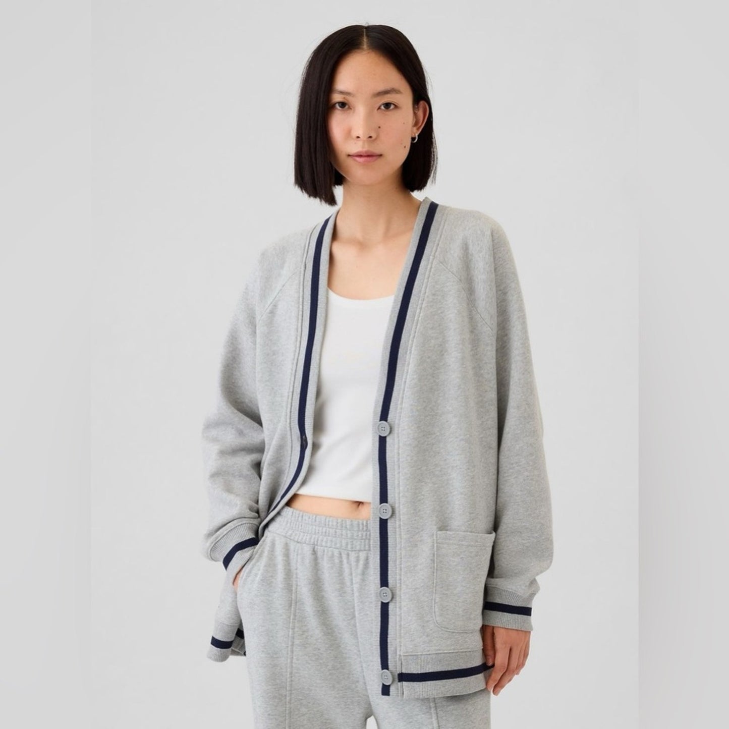 Gap Vintage Soft Oversized Cardigan Gray Sweater Navy Trim Button Down Cozy NWT