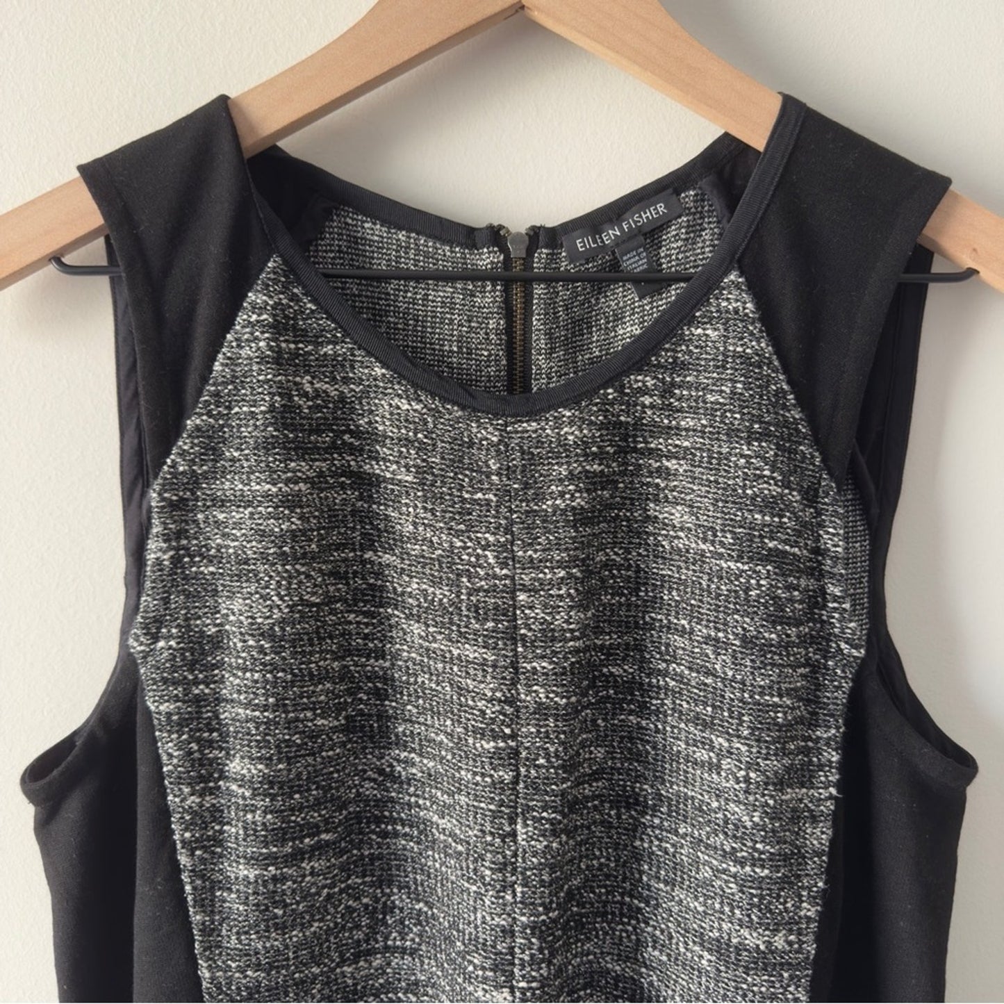 Eileen Fisher Sleeveless Sheath Black White Tweed Dress zip cotton mini zip up M