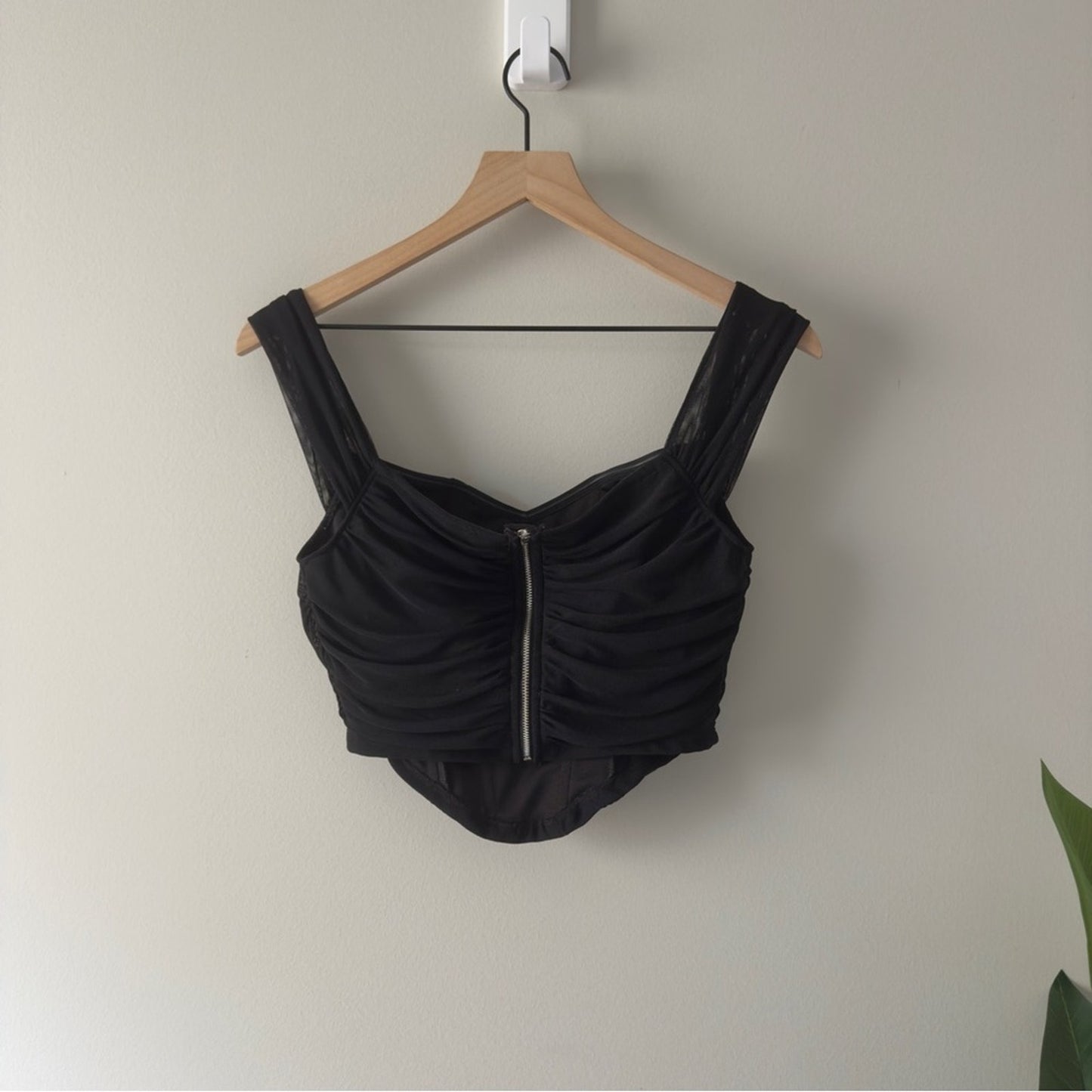 Shein Ruched Black Off-Shoulder Crop Top Corset Style Sleeveless Solid Zip Back