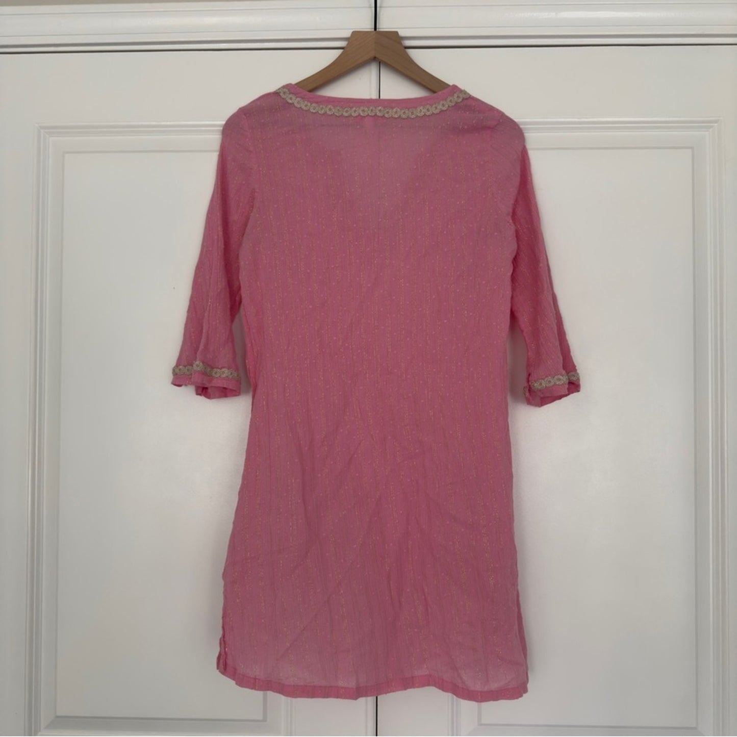 Lilly Pulitzer Pink Gold Metallic Tunic Dress 3/4 Sleeve Slit Embroidered Lace L