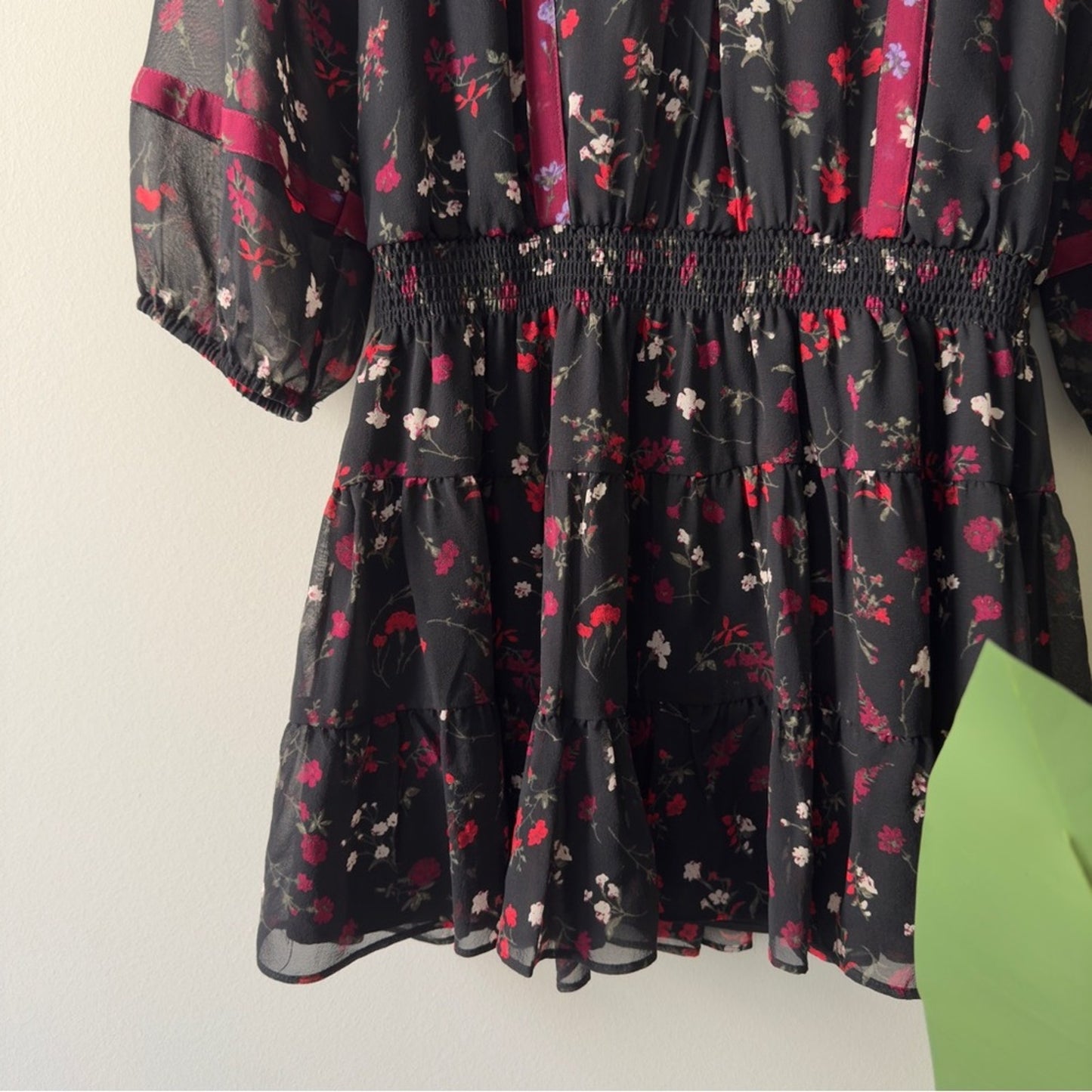 Joie Elegant Silk Dress smocked drop waist black red floral button up lined EUC