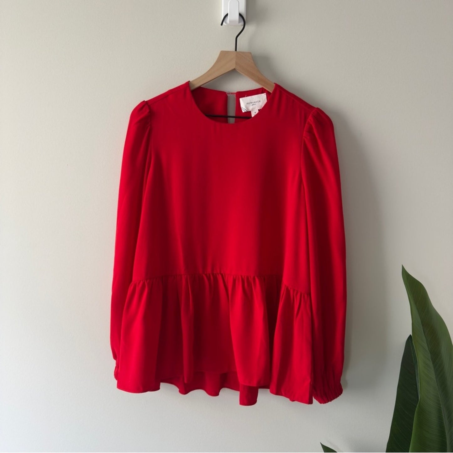 Pomander Place Carlota Peplum Blouse in Red Long Sleeve Top Ruched Flowy Keyhole