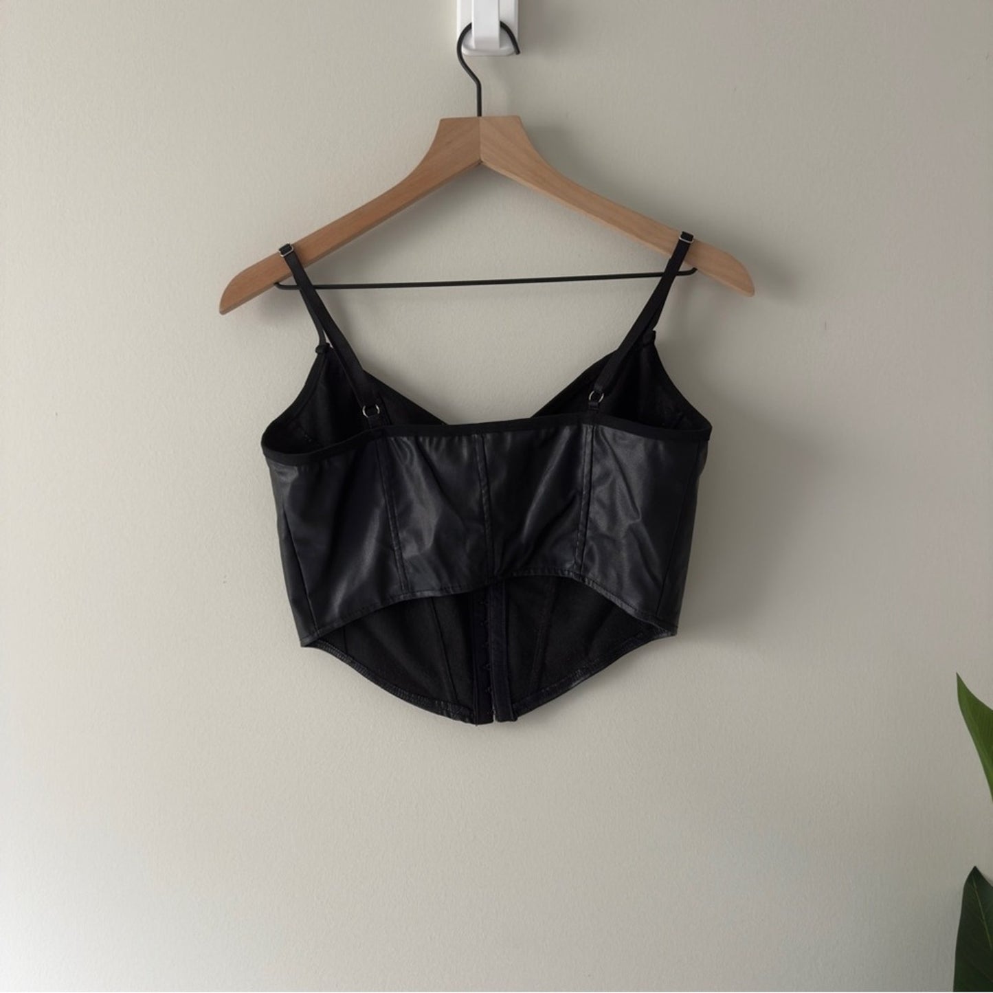 Shein Black Faux Leather Crop Top Corset Adjustable Spaghetti Straps Halloween S