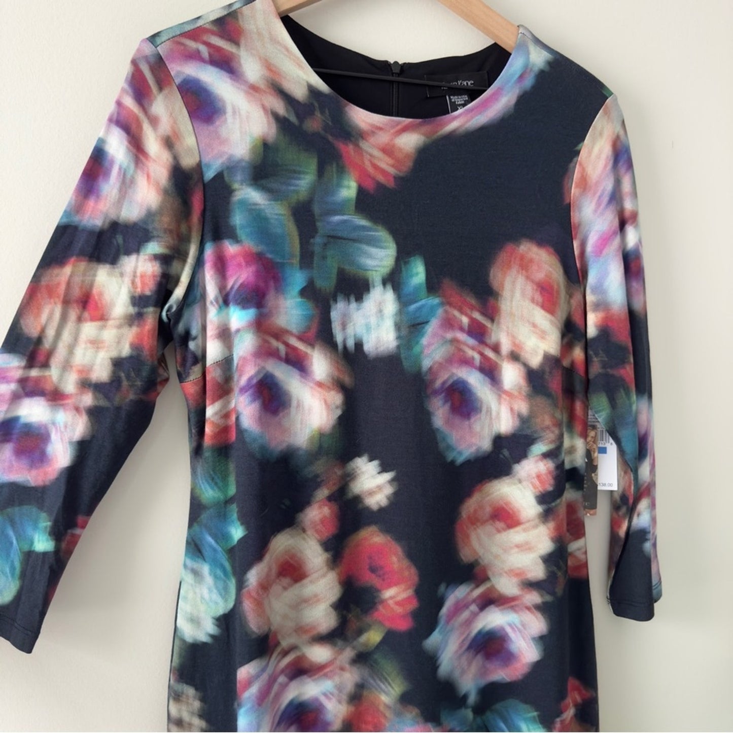 Karen Kane Avant Garden Abstract Dress Floral Sheath Dress 3/4 Sleeve Crew Neck