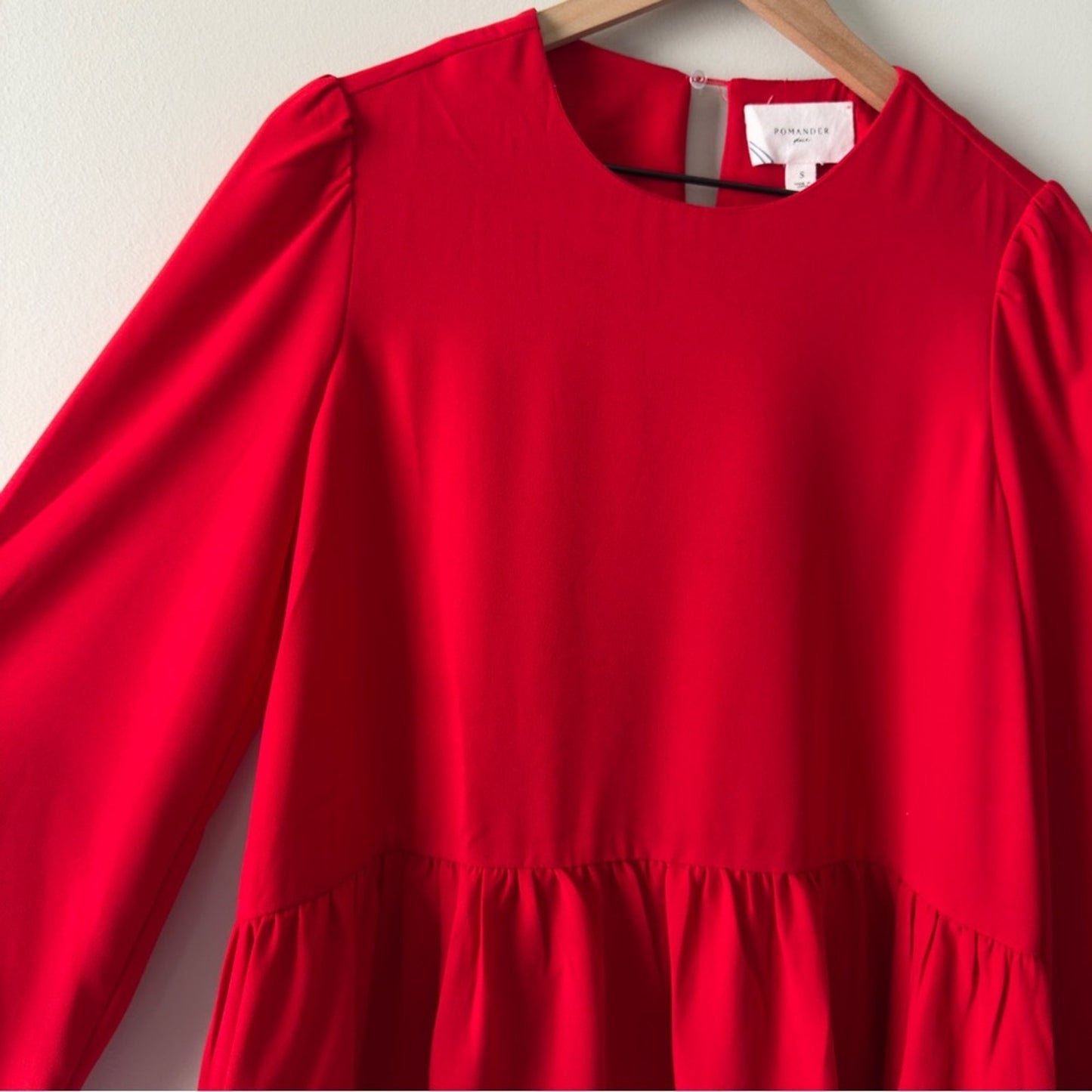 Pomander Place Carlota Peplum Blouse in Red Long Sleeve Top Ruched Flowy Keyhole