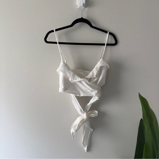 Anthropologie White tie wrap Smocked back crop Top adjustable spaghetti straps M