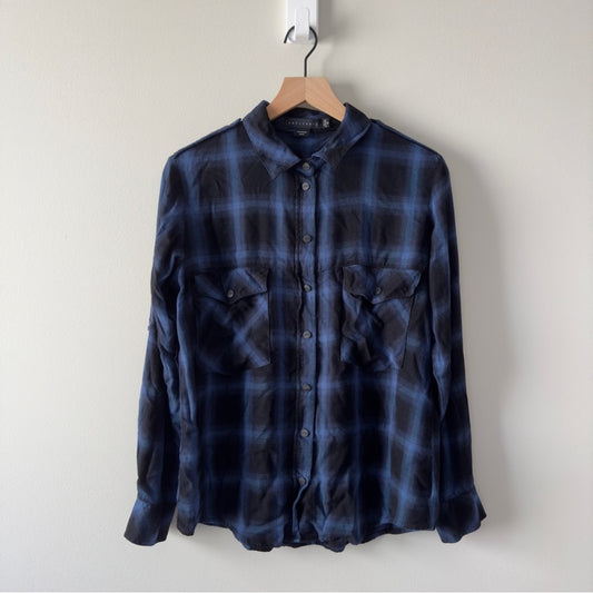 Anthropologie Sanctuary Plaid button down shirt blue black long sleeve collared