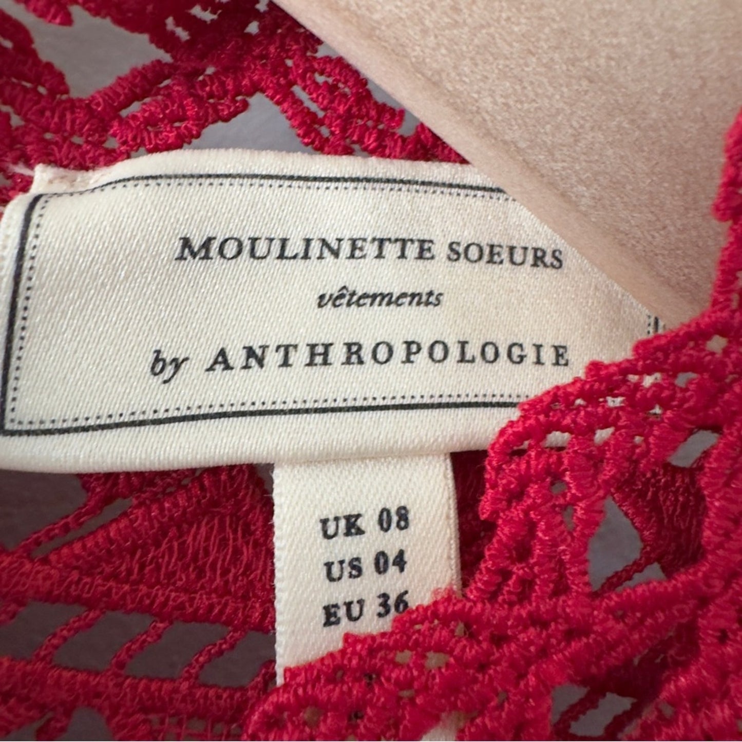 Moulinette Soeurs by Anthropologie red Lace peplum Blouse 3/4 sleeve keyhole EUC