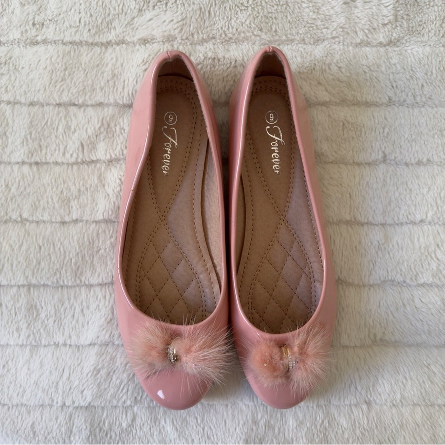 Forever Blush Flats with Rhinestone Pom Poms Ballet Y2K Girly Princess Regina 9