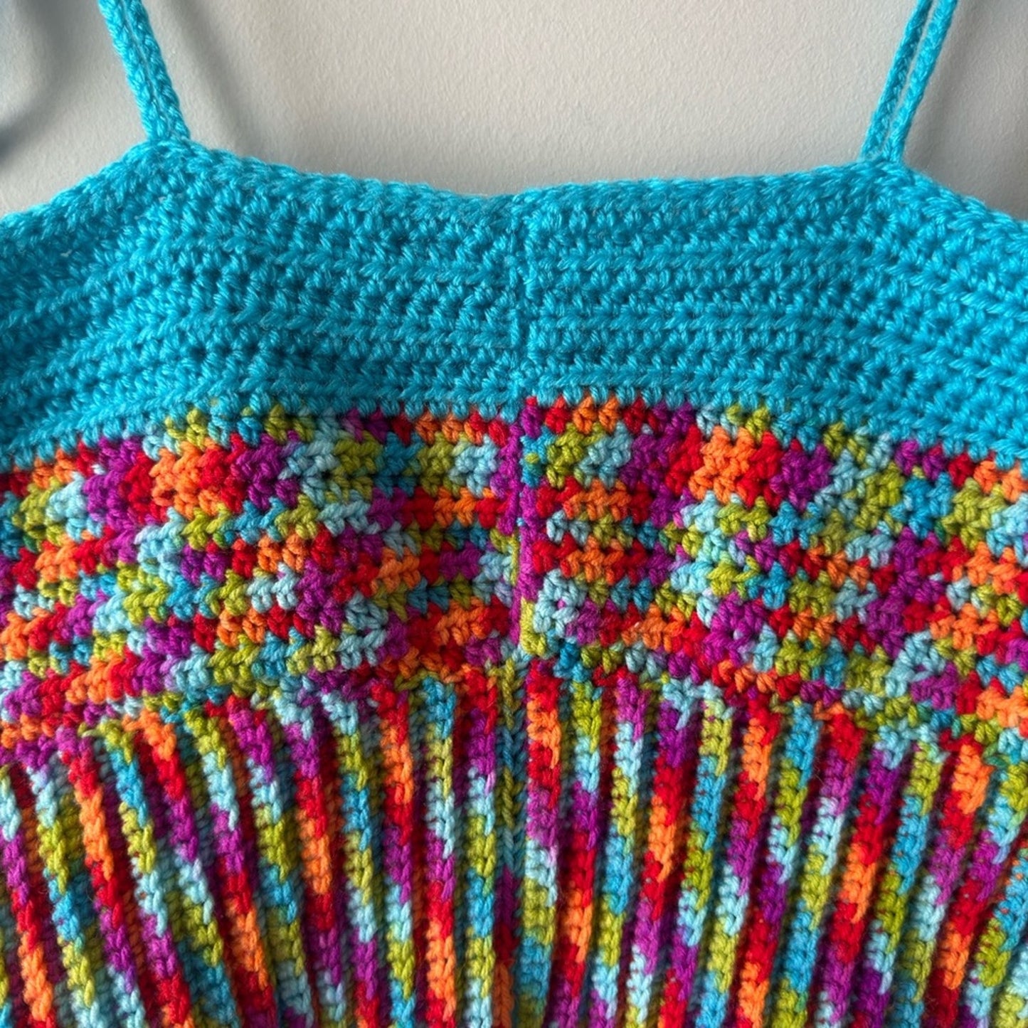 Handmade Crochet Adjustable Tie Strap Crop Top 100% Recycled Rainbow Tank Cami L