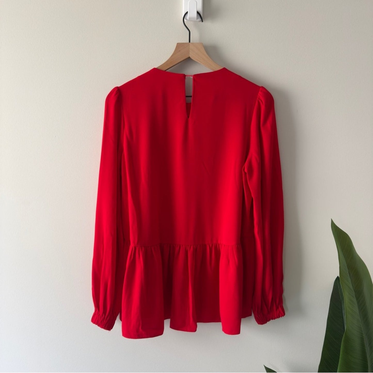 Pomander Place Carlota Peplum Blouse in Red Long Sleeve Top Ruched Flowy Keyhole