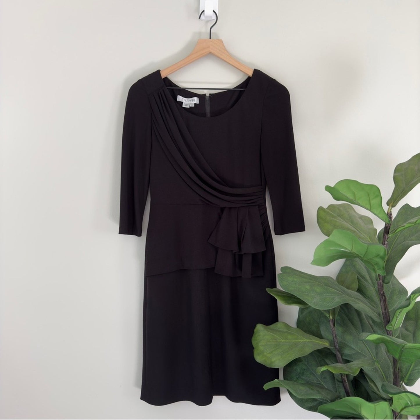 Kay Unger 3/4 Sleeve Sash Style Front Mini Dress Solid Black Zip Up Back Zipper