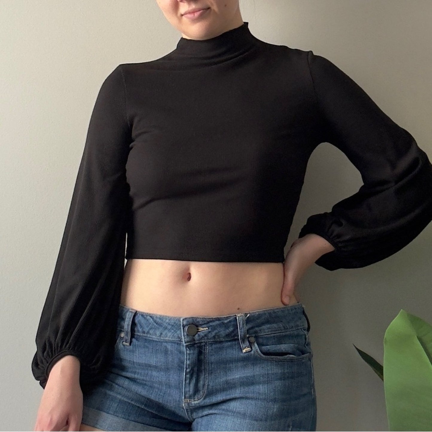 Balloon Sleeve Turtleneck Black Crop Top Long Sleeve Solid Ribbed Casual Minimal