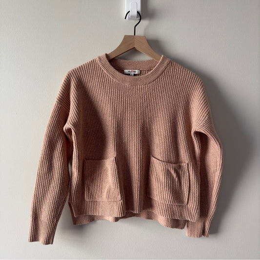 Madewell Soft Pink Crewneck Sweater high low hem slit long sleeve front pockets