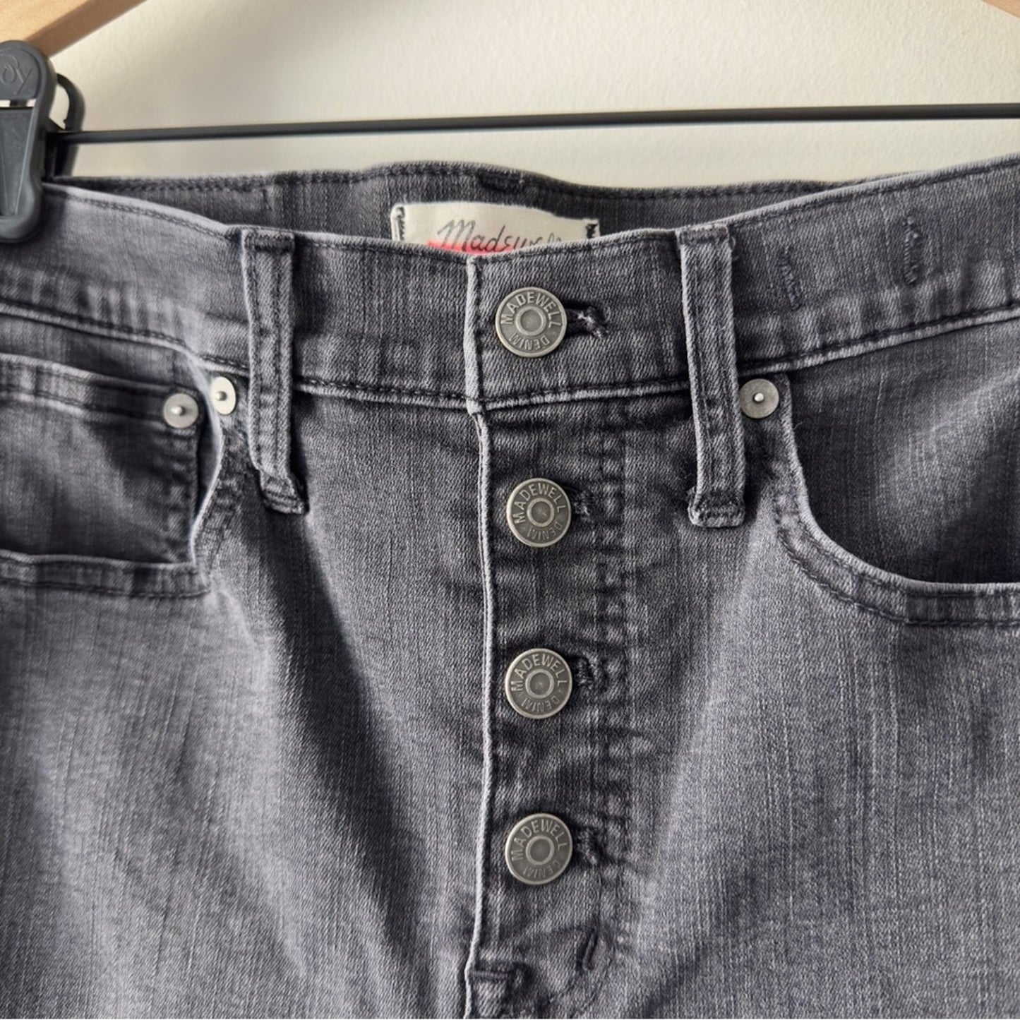 Madewell Cali Demi-Boot Jeans gray button fly stretch pockets cotton blend logo
