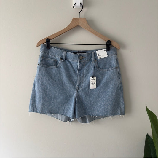 Express Midi High Rise Shorts Light Blue Leopard Print Jean Denim Zip Button NWT