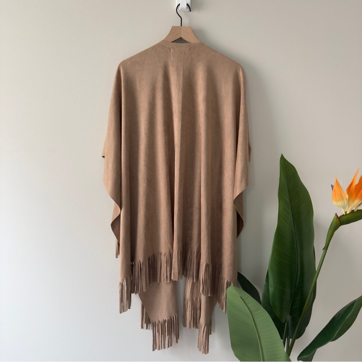 Anthropologie Andersen & Lauth Faux Suede Poncho Tan Open Front with Fringe hem