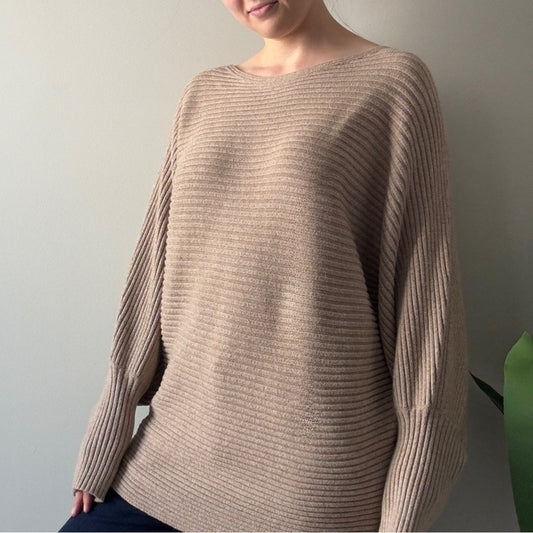 Anthropologie Beige Tan Ribbed Crew Sweater Batwing Long Sleeve Solid Autumn 2X
