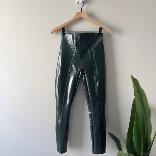 SPANX Faux Patent Leather Legging Glossy Green high rise waist skinny shiny EUC