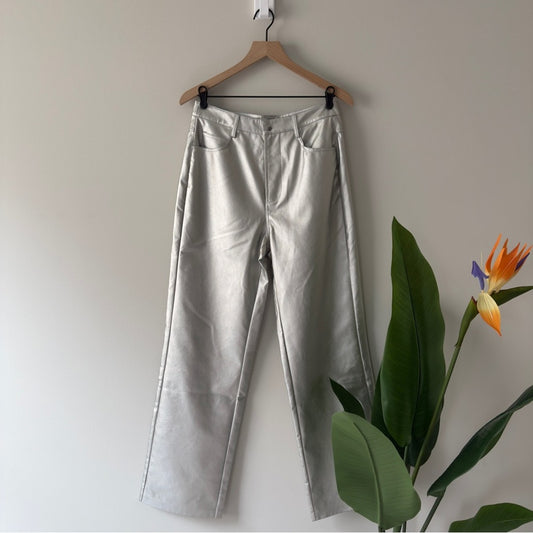 Wayf Silver Metallic Pants straight leg futuristic zip button pockets belt loops