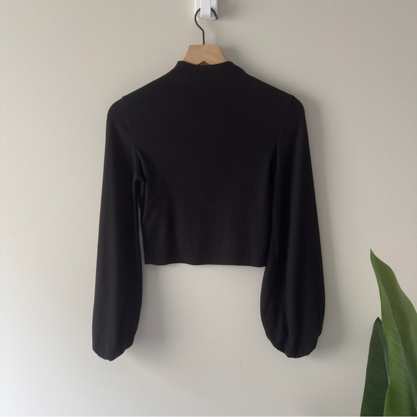 Balloon Sleeve Turtleneck Black Crop Top Long Sleeve Solid Ribbed Casual Minimal