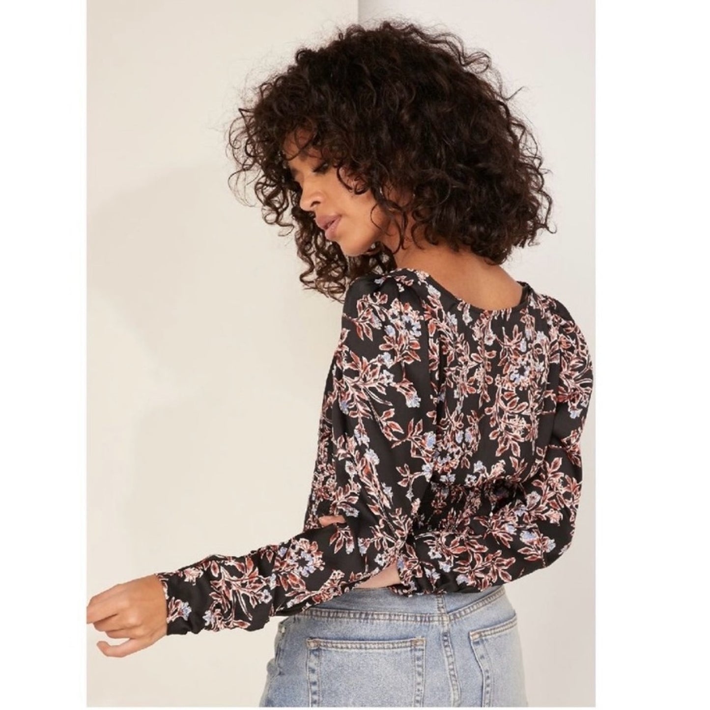 Free People Santiago Top Floral Cropped puff long sleeve buttons smocked ruched
