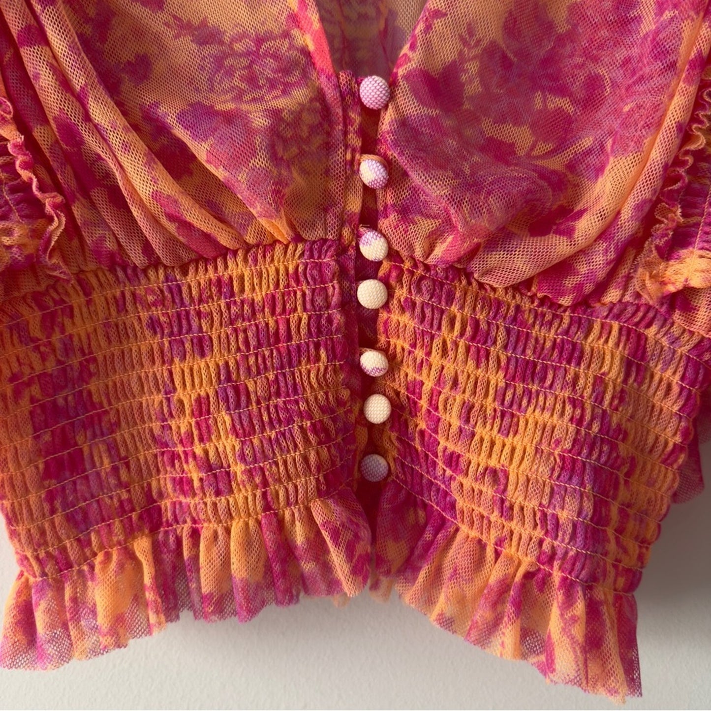 Free People Sugar Top in Hot Tropics Floral Pink Orange Top Fairycore Button NWT