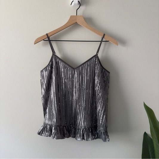 Anthropologie Amelie Sequin Cami Top Silver Ruffled Hem Camisole spaghetti strap