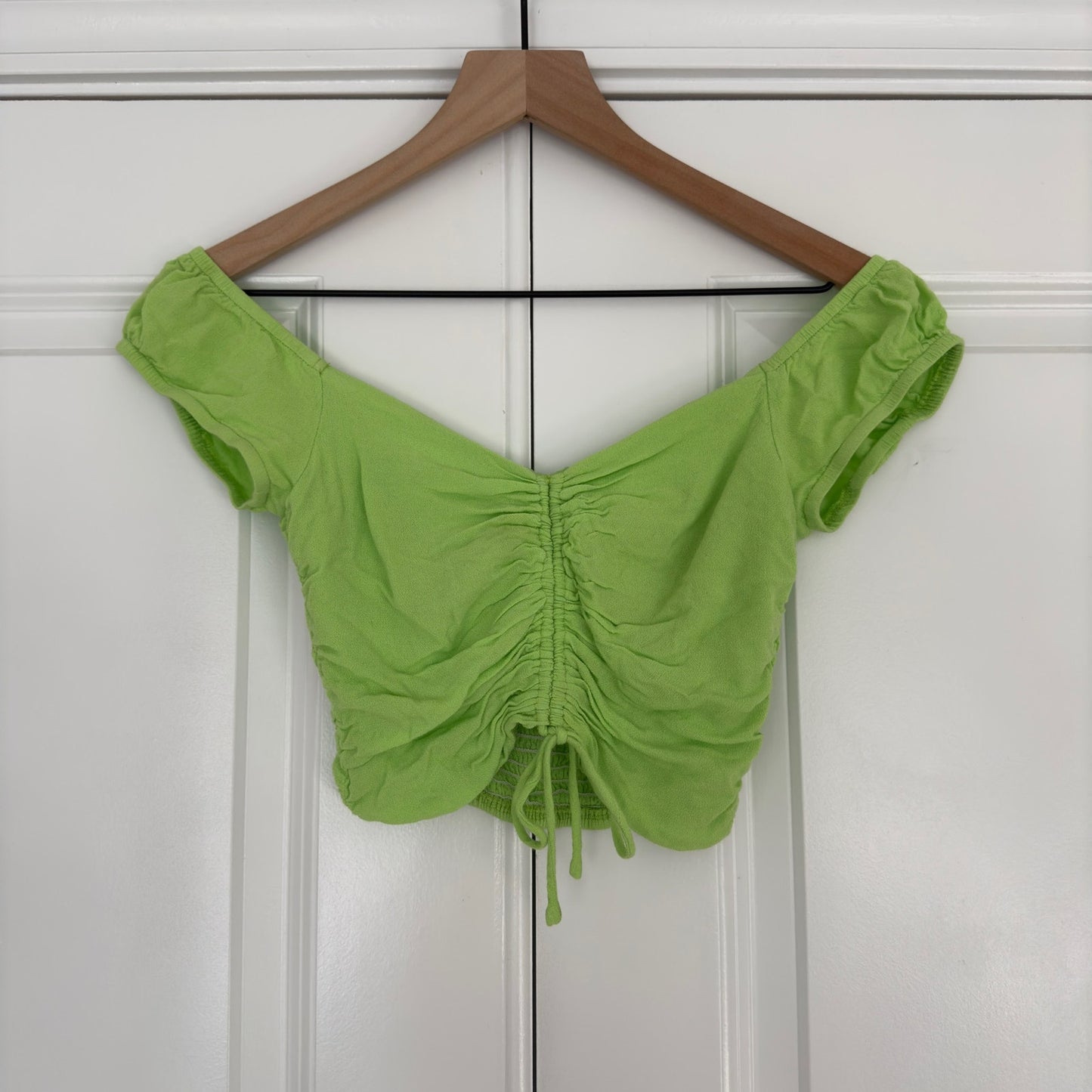 Princess Polly Darshan Top Lime cropped cinched ruched front cap sleeve v-neck 2