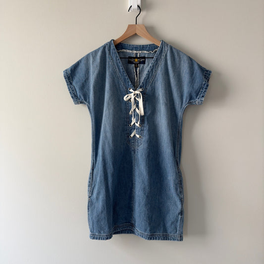 Lucky Brand Y2K Vintage Lace Up Dress Mini Denim Jean Short Sleeve 100% Cotton