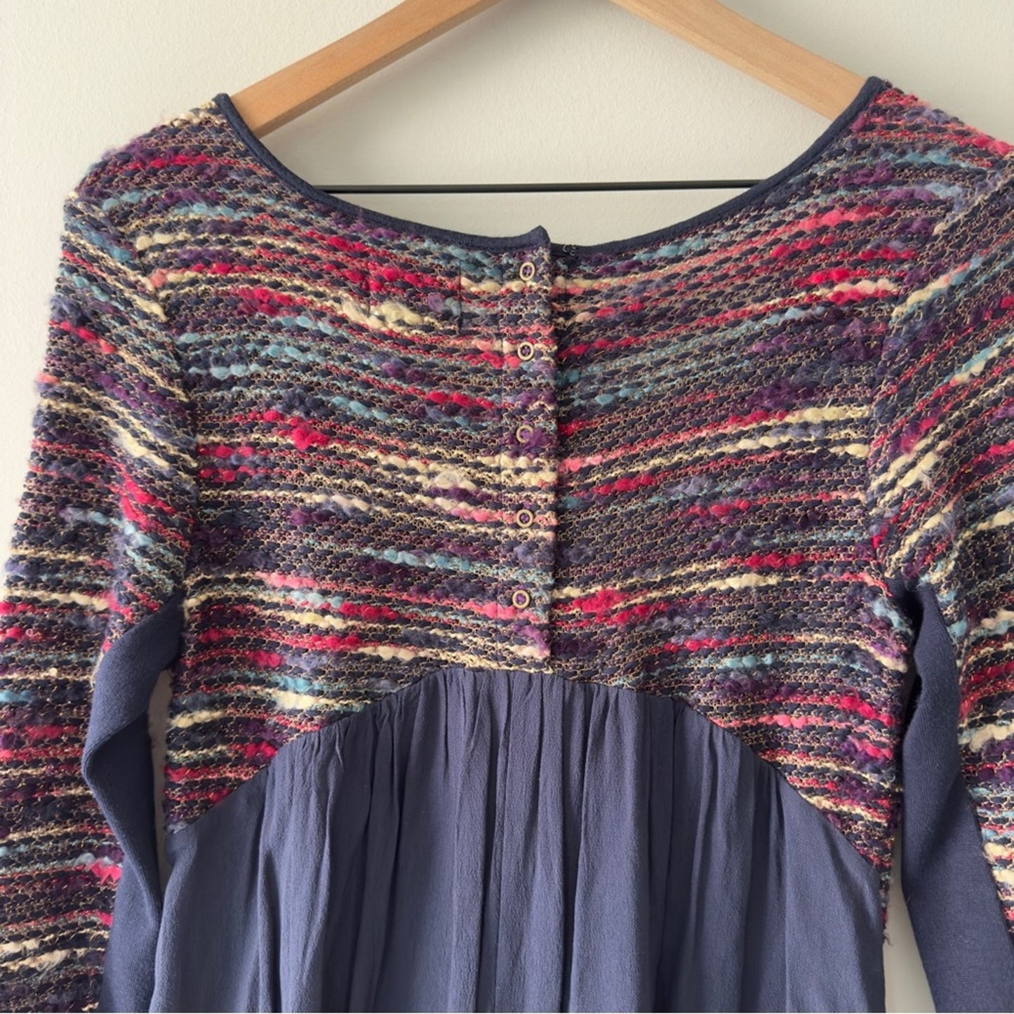 Anthropologie Maeve Multicolor Knit Dress 3/4 Sleeve button up back A-Line lined