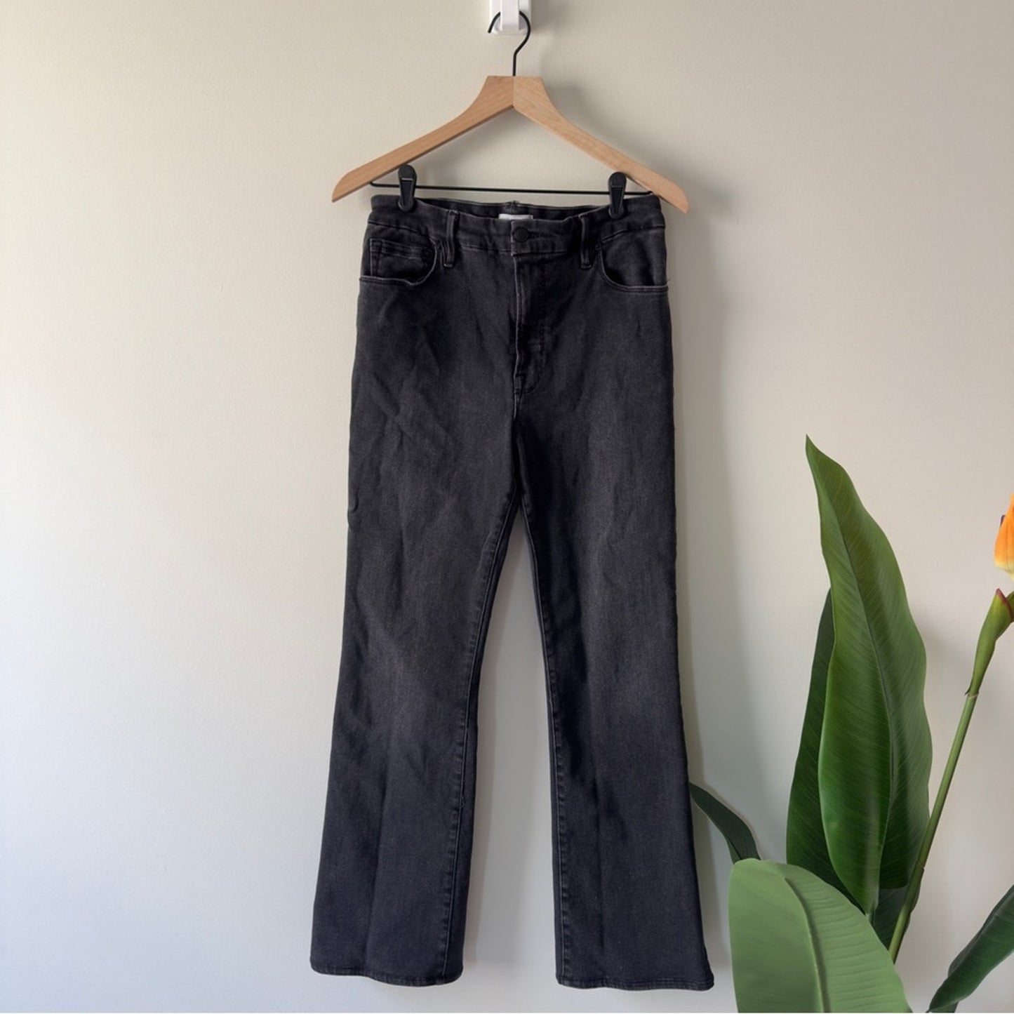 Good American Black Bootcut Jeans zip button denim solid belt loops pockets EUC