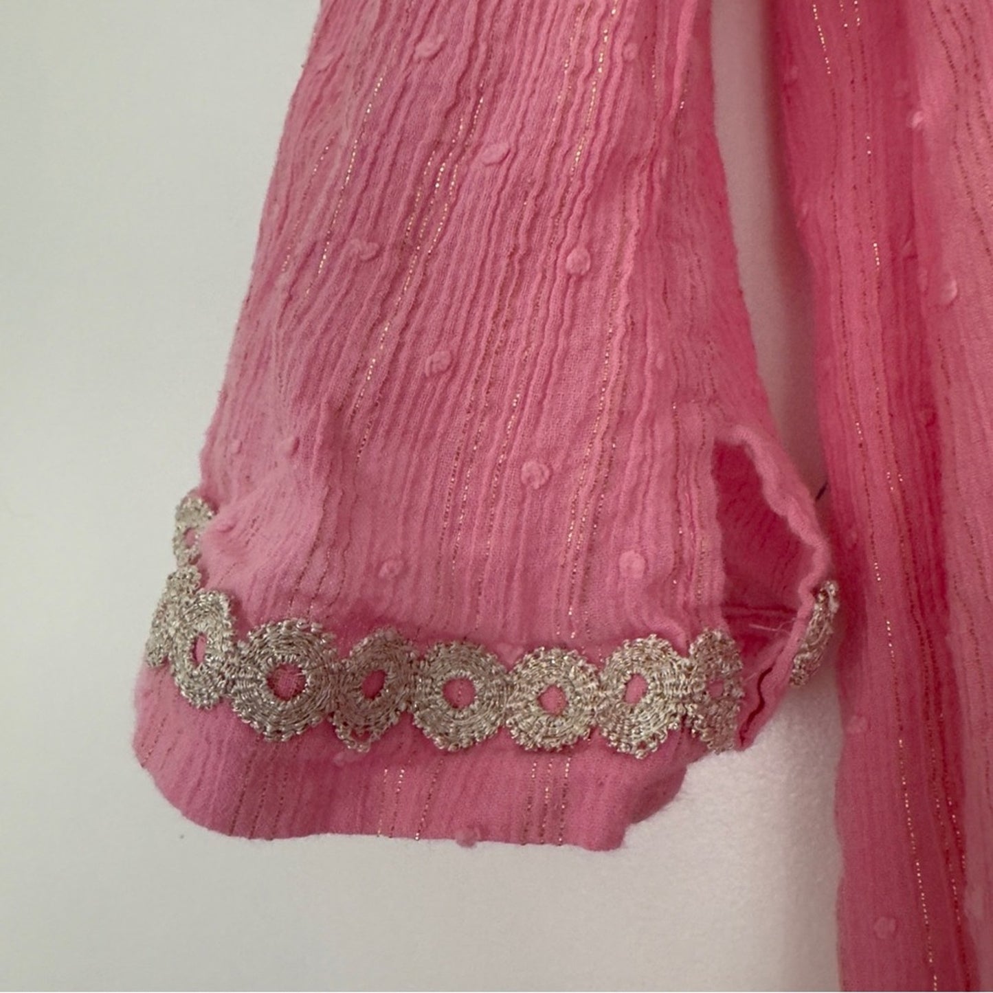 Lilly Pulitzer Pink Gold Metallic Tunic Dress 3/4 Sleeve Slit Embroidered Lace L