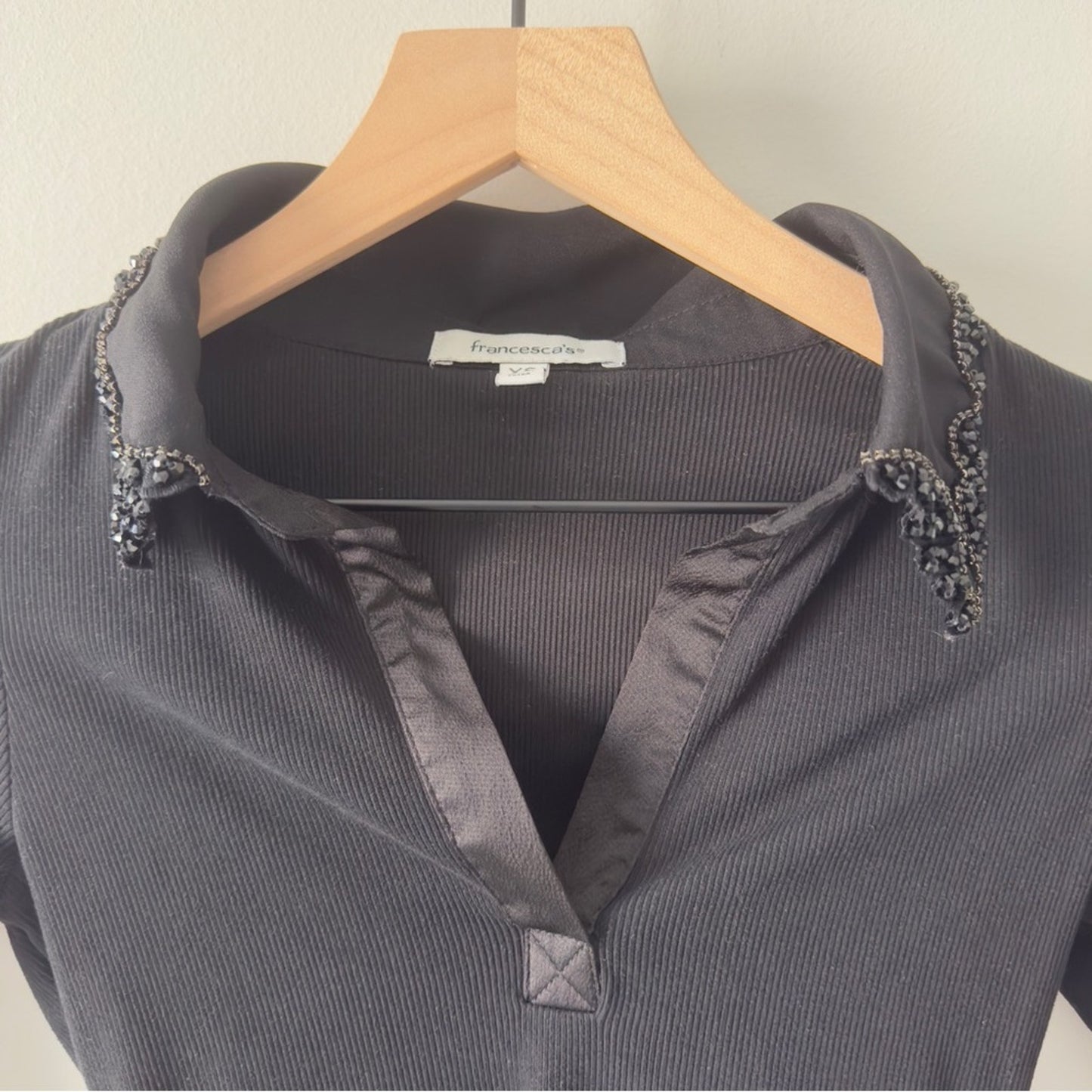 Francesca's Black Beaded Embellished Collar Bodysuit Long Sleeve Collared Ribbed