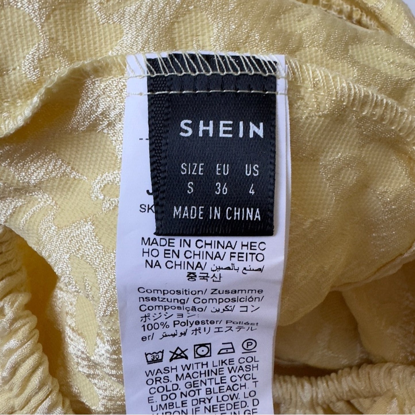 Shein Strapless Floral Jacquard Top Ruffle Peplum Tie Bow Back Butter Yellow EUC