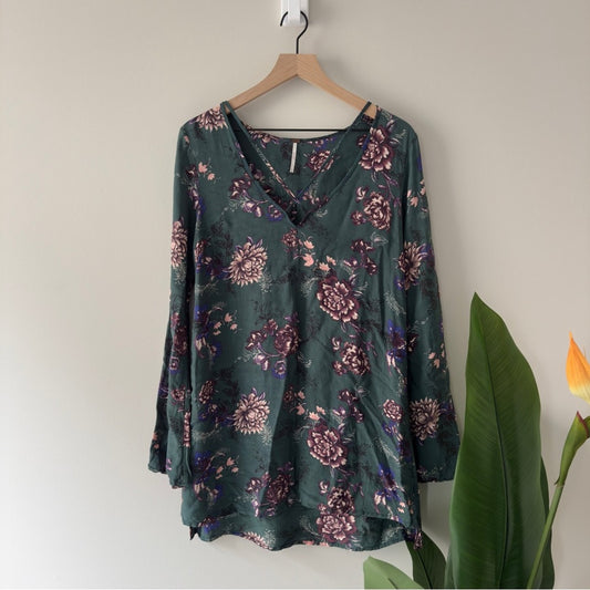 Free People Heart Beat Tunic Dress Boho Floral Long Bell Sleeve floral bohemian