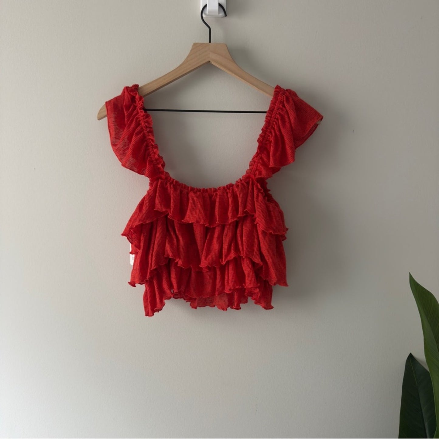 FREE PEOPLE Free-Est Ribbed Ruffle Cropped Top in Fiesta Red Tank Tiered Crop M