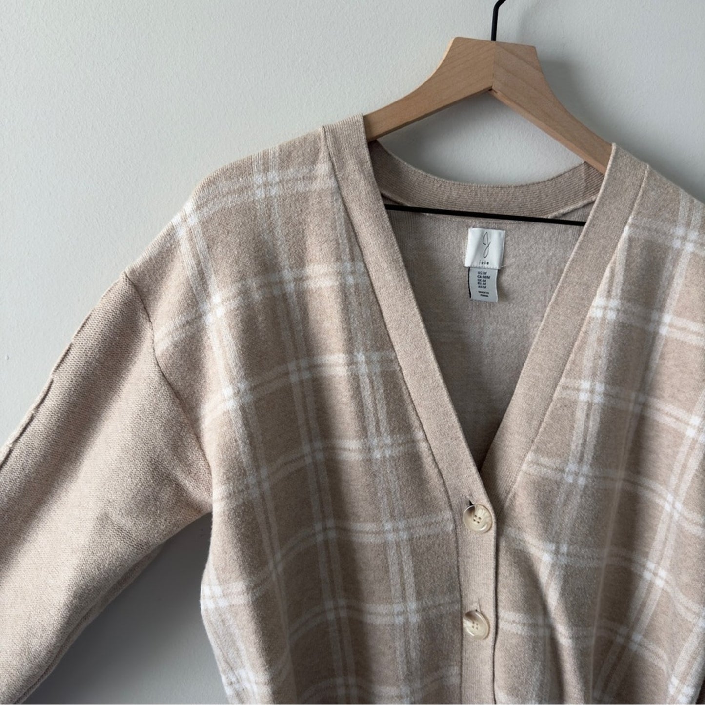 Joie Beige Plaid Cardigan long sleeve cable knit accent button down front