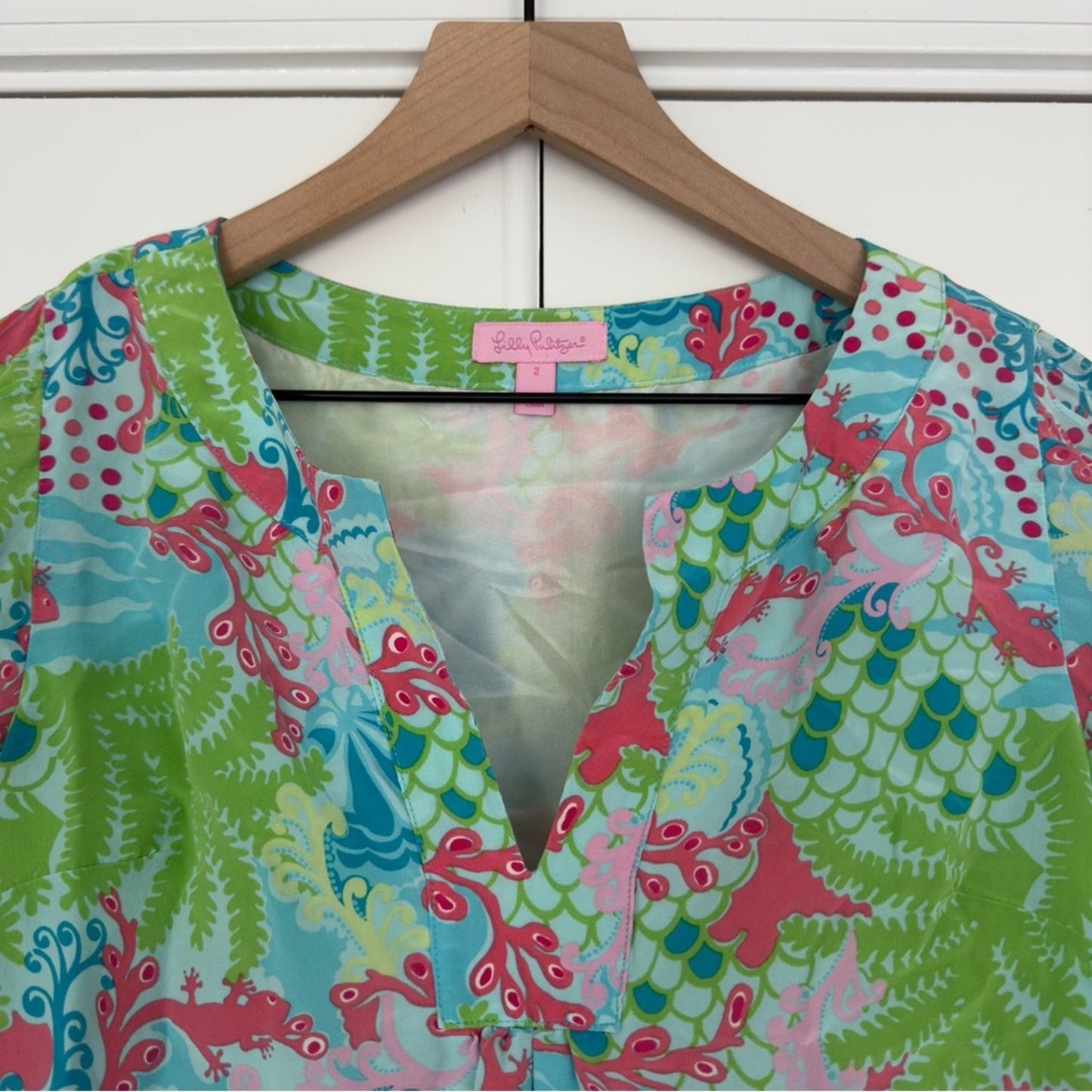Lilly Pulitzer 100% Silk Mini Dress Beach Floral Lizard Print Preppy 3/4 Sleeve