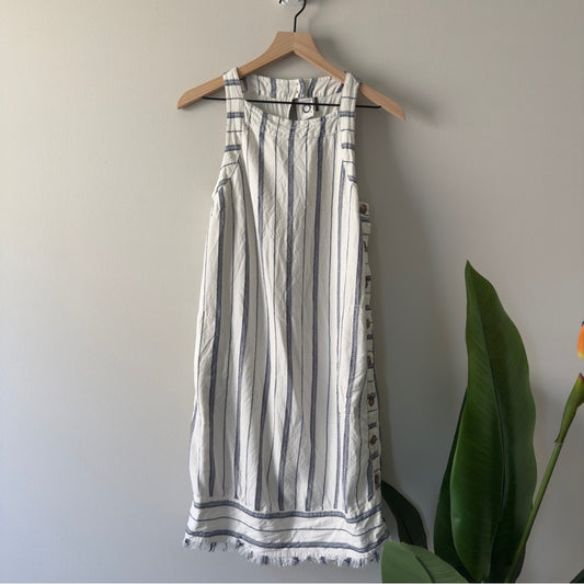 Anthropologie Akemi + Kin White Navy Striped Shift Dress Mini Fringe Hem buttons
