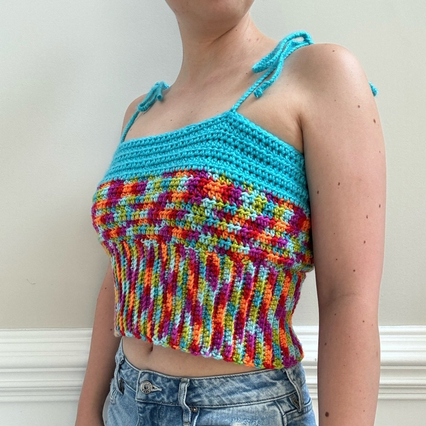 Handmade Crochet Adjustable Tie Strap Crop Top 100% Recycled Rainbow Tank Cami L