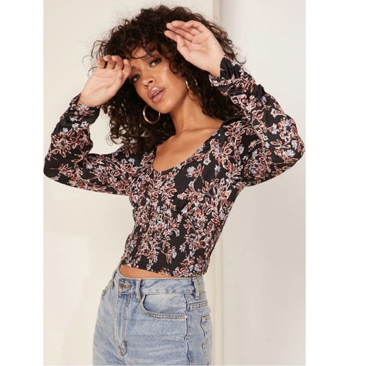 Free People Santiago Top Floral Cropped puff long sleeve buttons smocked ruched