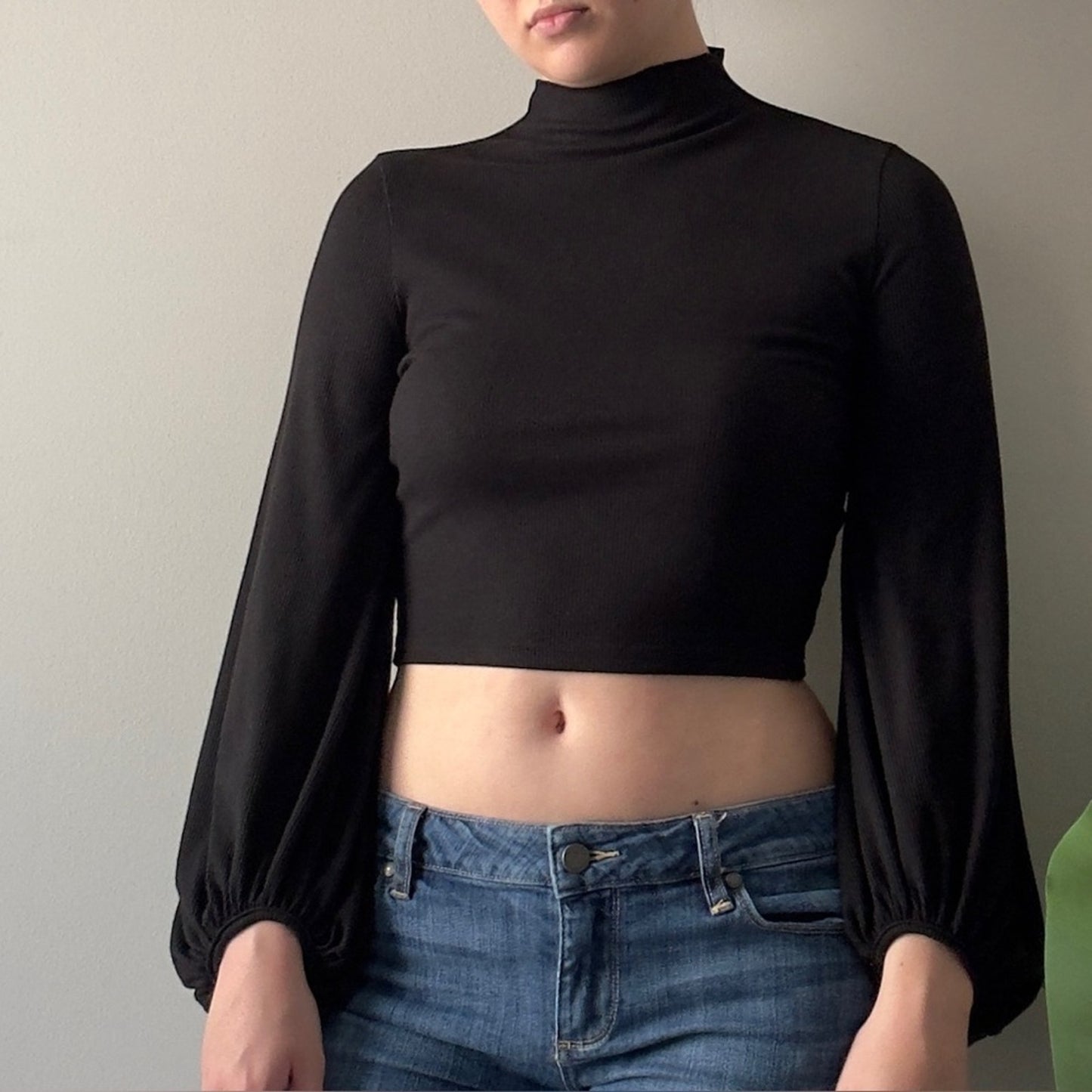 Balloon Sleeve Turtleneck Black Crop Top Long Sleeve Solid Ribbed Casual Minimal