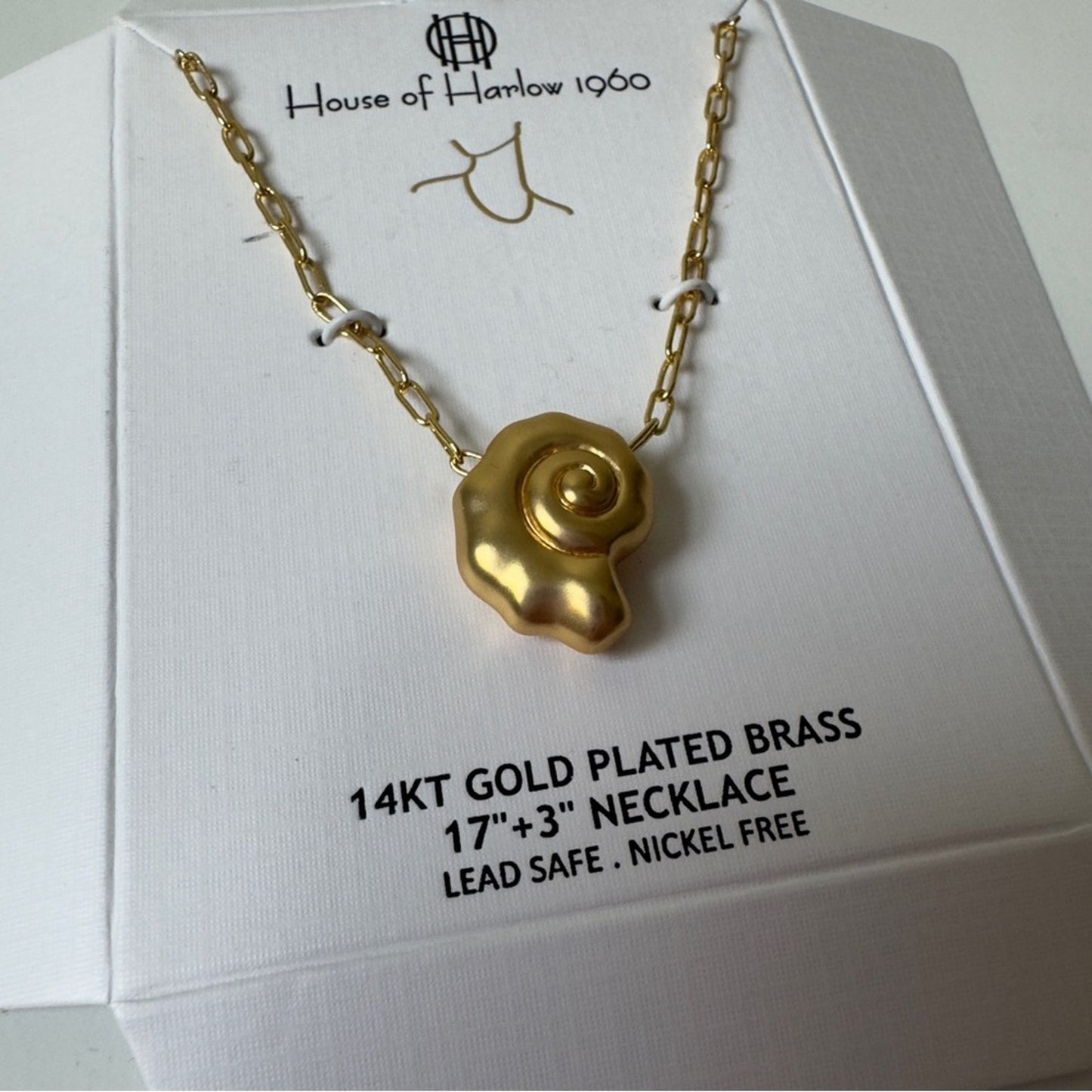 House of Harlow 1960 14KT Gold Pleated Brass Spiral Seashell Necklace Chain Hook