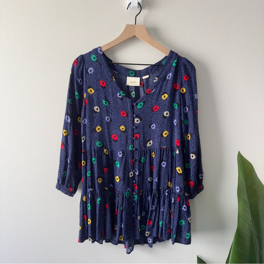 Maeve Anthropologie Button Down Front Colorful Blue Spotted Tunic Top Multicolor