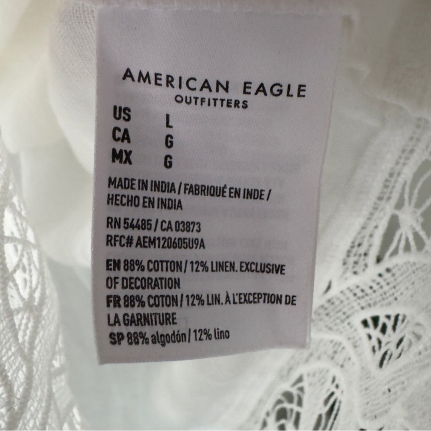 American Eagle Cotton Linen Blend White Button-Down Shirt Lace Hem Collared NWT