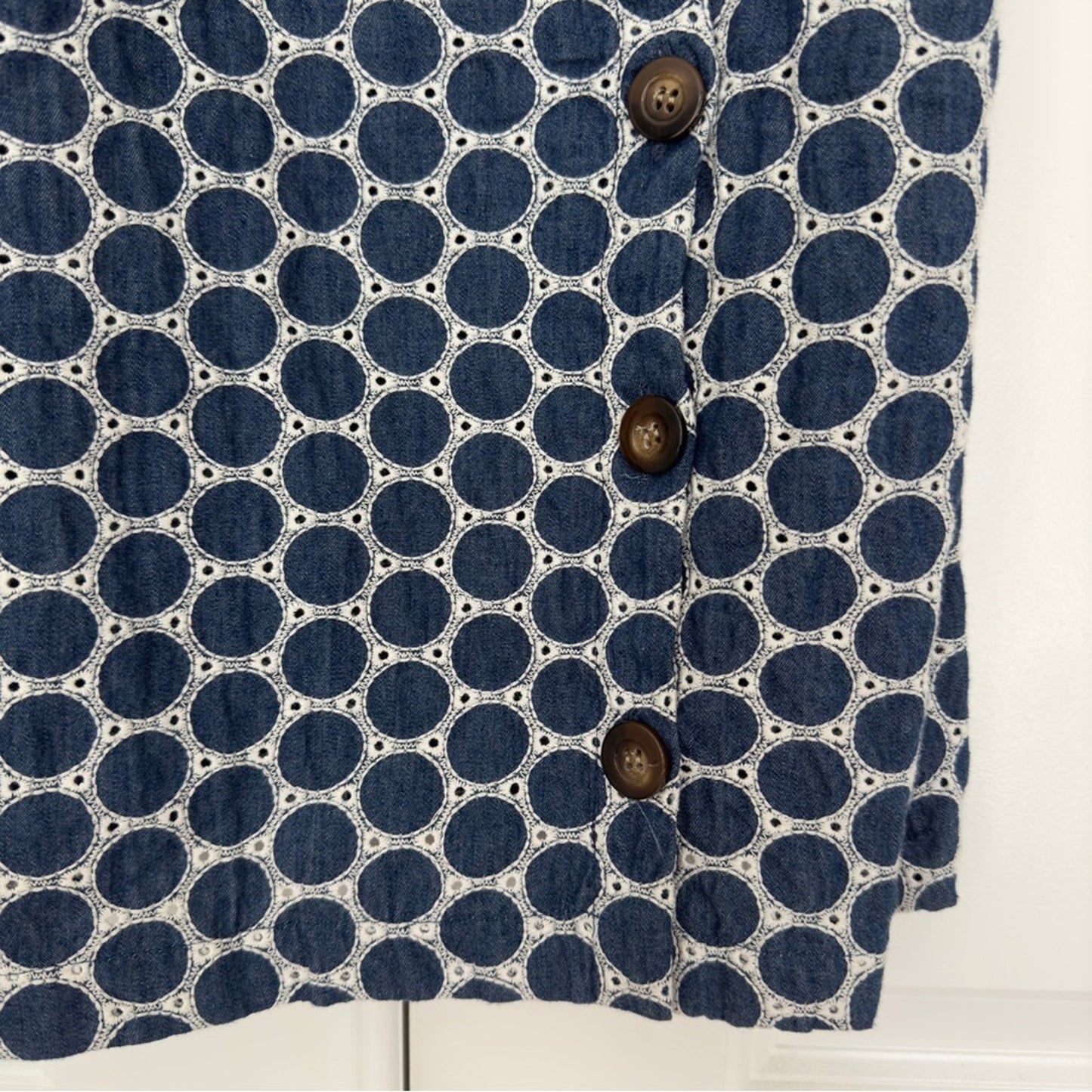 Waverly Grey Button Down Eyelet Circle Pattern Mini Dress Adjustable Spaghetti S