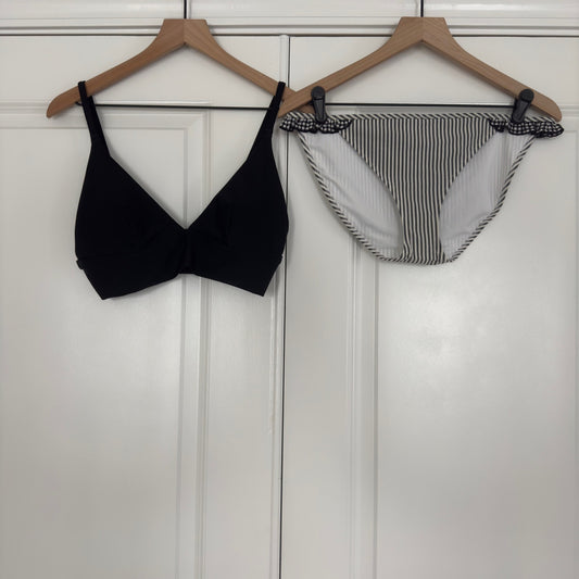 Aerie Bikini Swimsuit Set Triangle Top Striped Ruffle Bottom Black White Padding