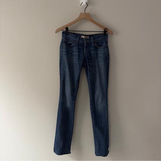J Brand Pencil Leg Blue Jeans pockets zip button low rise distressed belt loops