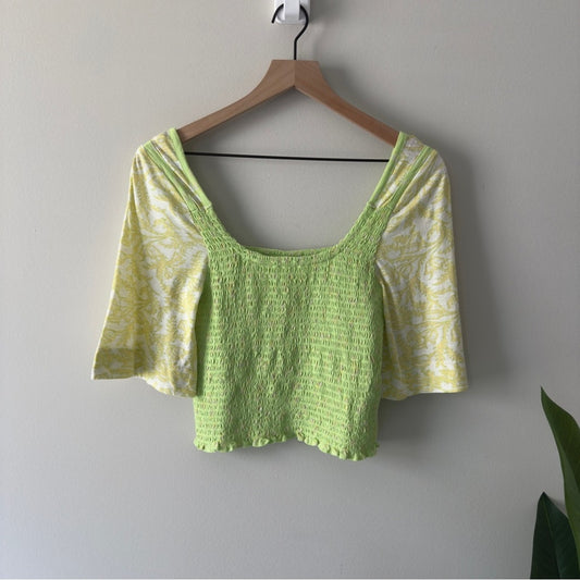 Free People Marigold Top in Key Lime Combo Smocked half Sleeve Cropped top green